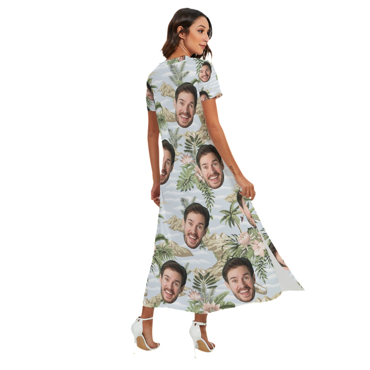 Tropical Botanical Island Custom Face Side Slit Hawaiian V-neck Dress