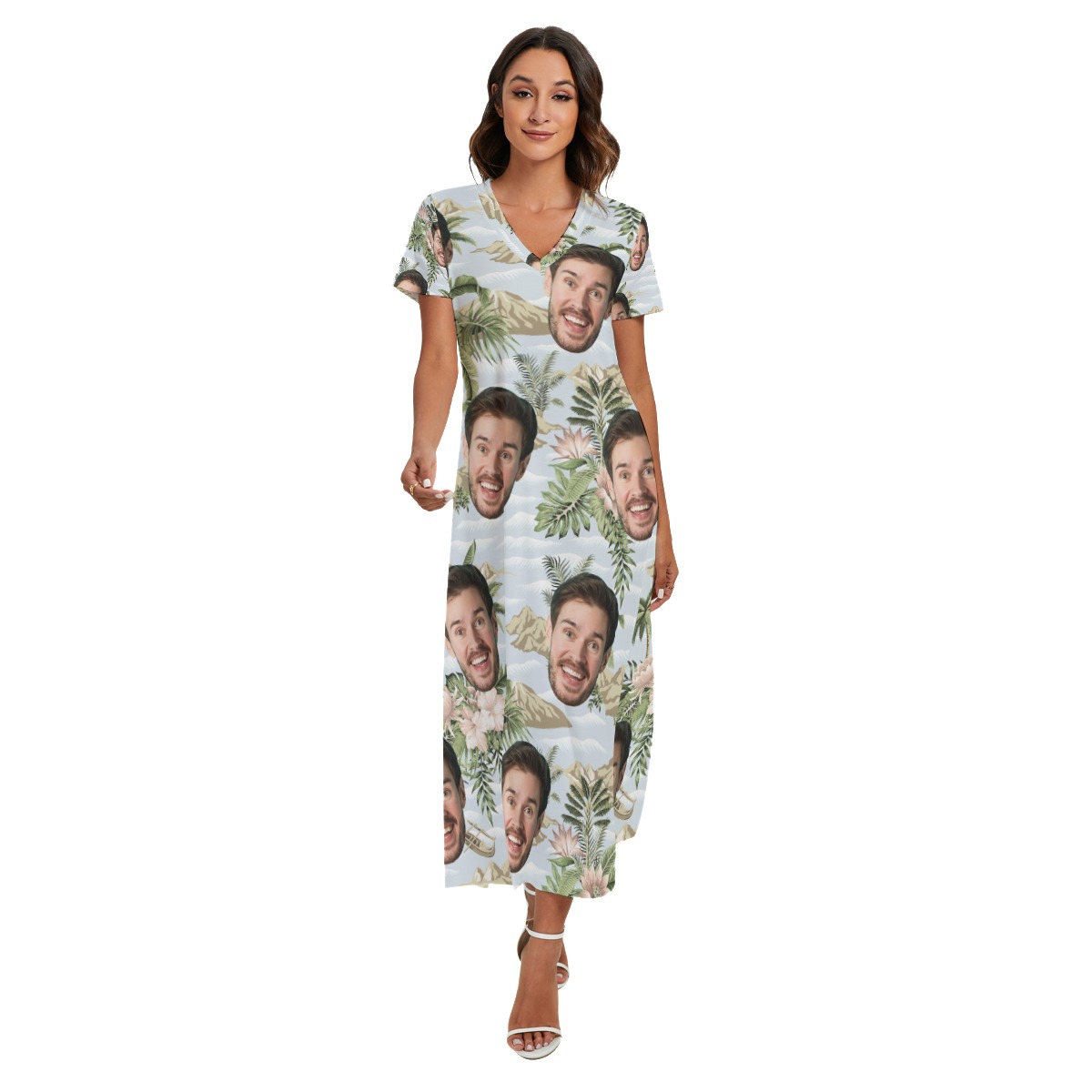 Tropical Botanical Island Custom Face Side Slit Hawaiian V-neck Dress