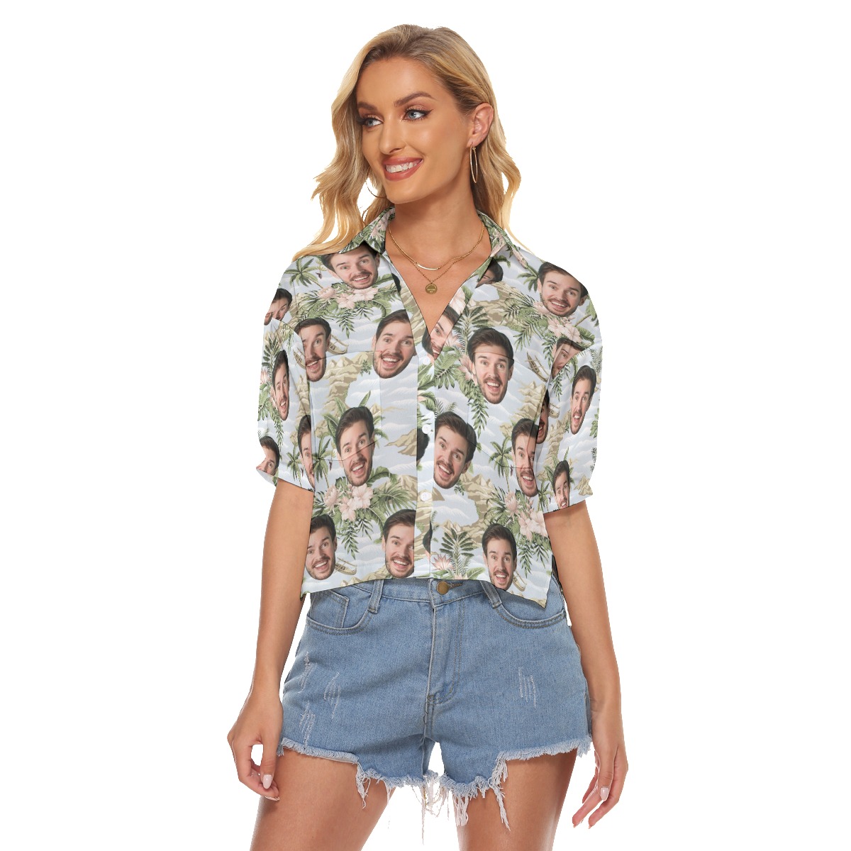 Tropical Botanical Island Custom Face Hawaiian Crop Top Shirt For Women - variant image 1