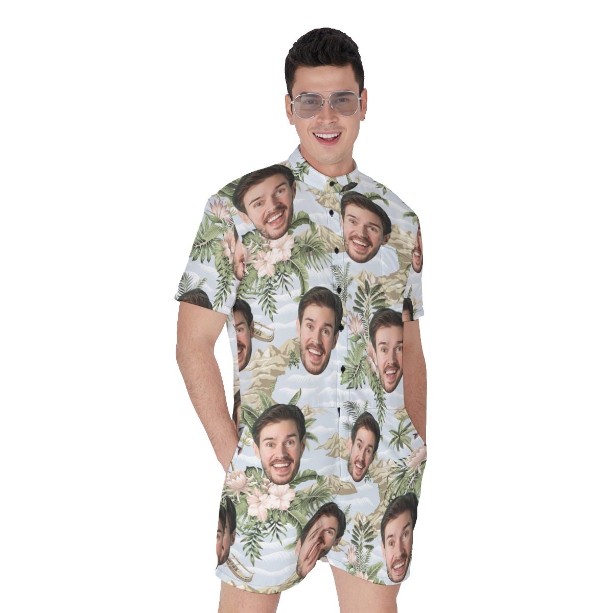 Funny Custom Face Tropical Botanical Island Hawaiian Romper For Men - variant image 1