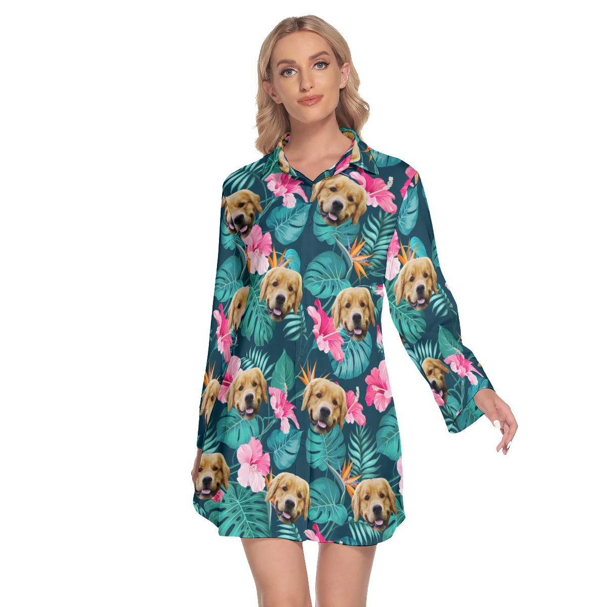 Custom Dog Face Hibicus Hawaiian Shirt Dress For Women - variant image 1