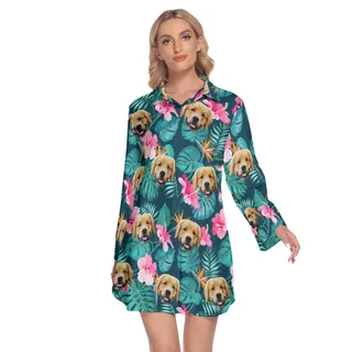 Custom Dog Face Hibicus Hawaiian Shirt Dress For Women