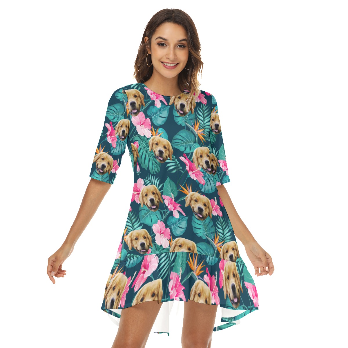 Funny Custom Dog Face Hibicus Hawaiian Half Sleeve Dress With Ruffle Hem - variant image 1
