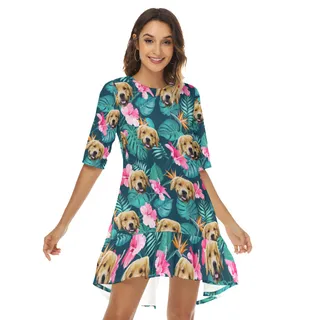 Funny Custom Dog Face Hibicus Hawaiian Half Sleeve Dress With Ruffle Hem