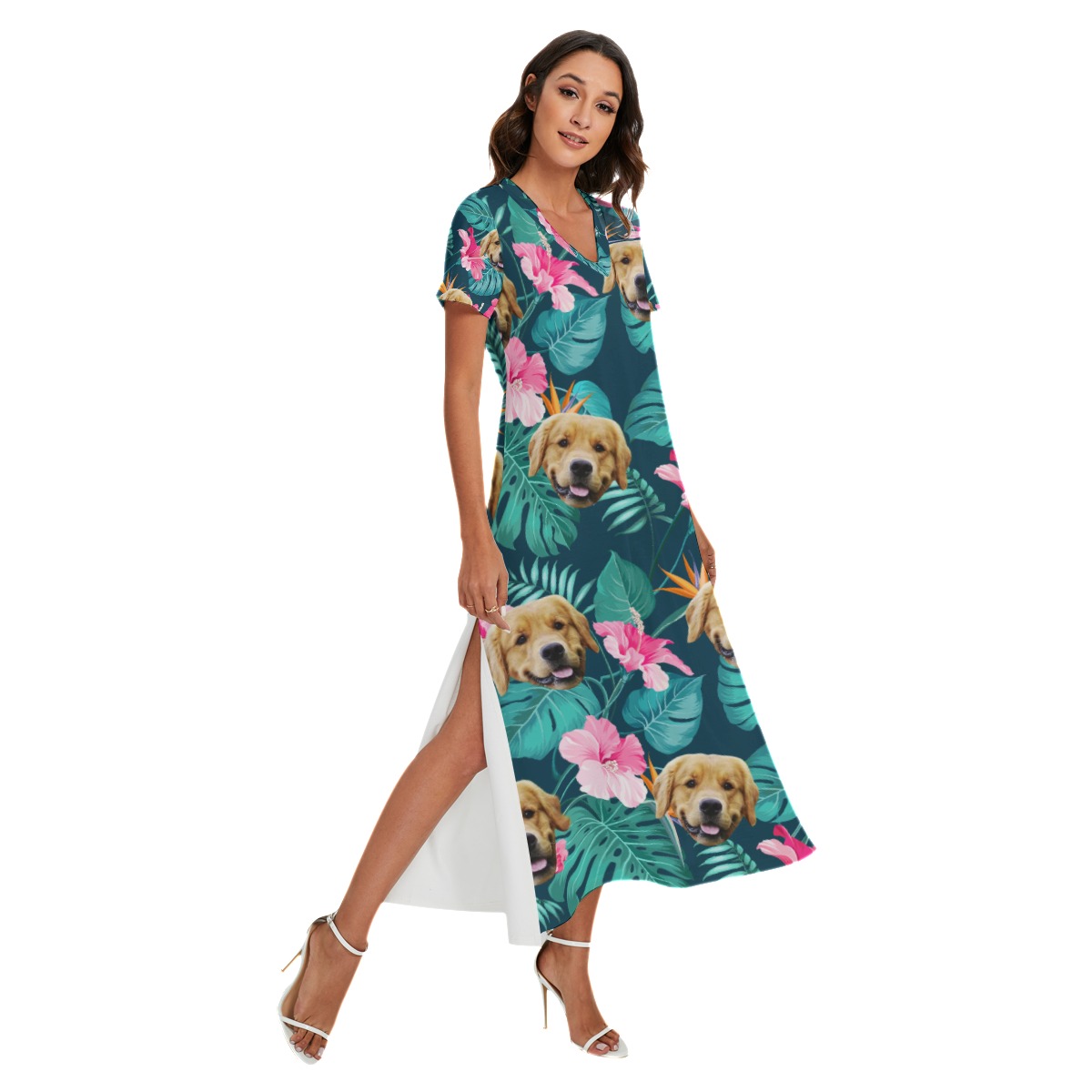 Funny Custom Dog Face Floral Hawaiian V-neck Dress With Side Slit - variant image 1