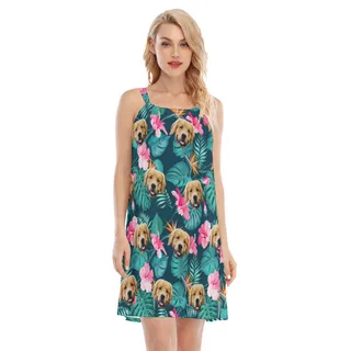 Funny Custom Dog Face Hibicus Hawaiian Dress For Girls