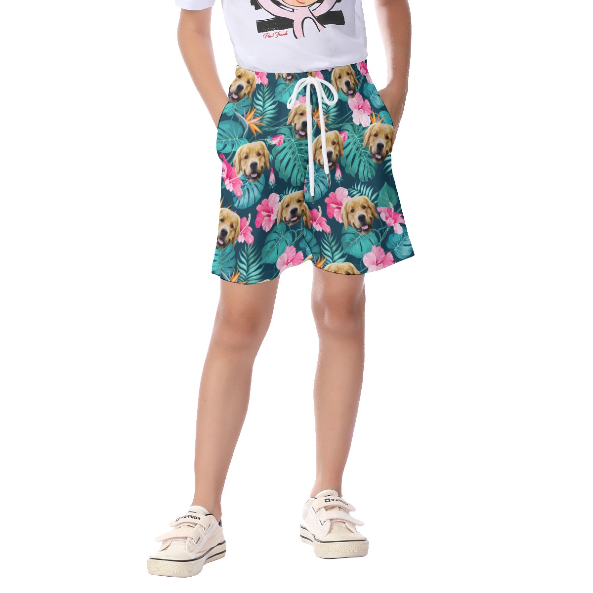 Funny Custom Dog Face Floral Hawaiian Beach Shorts For Kids - variant image 1
