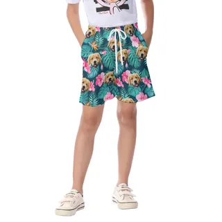 Funny Custom Dog Face Floral Hawaiian Beach Shorts For Kids