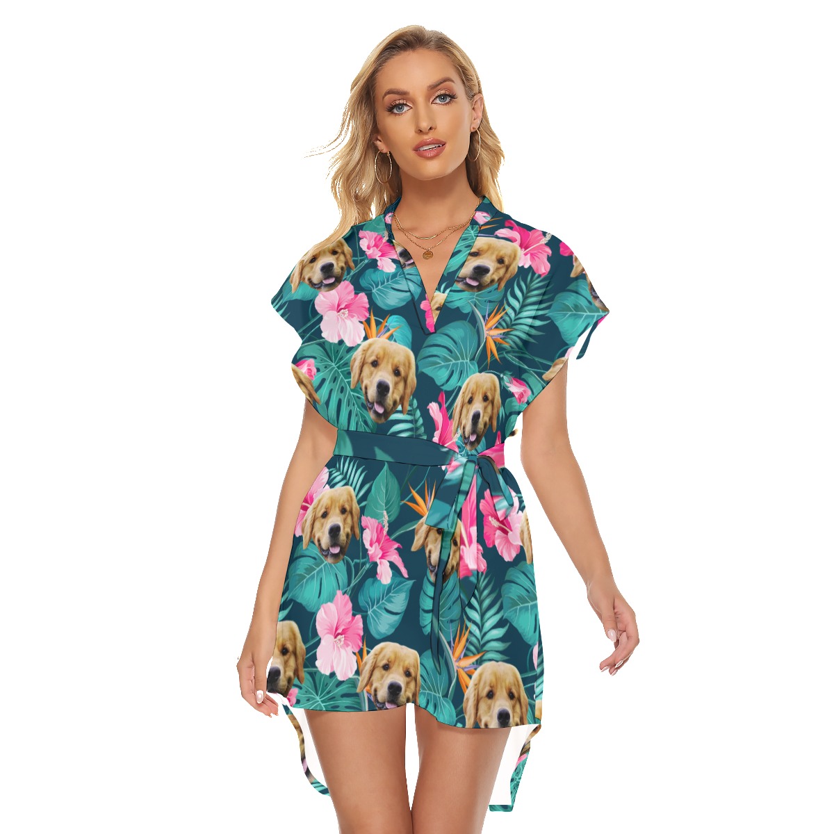Funny Custom Dog Face Hibicus Hawaiian Dress With Belt - variant image 1