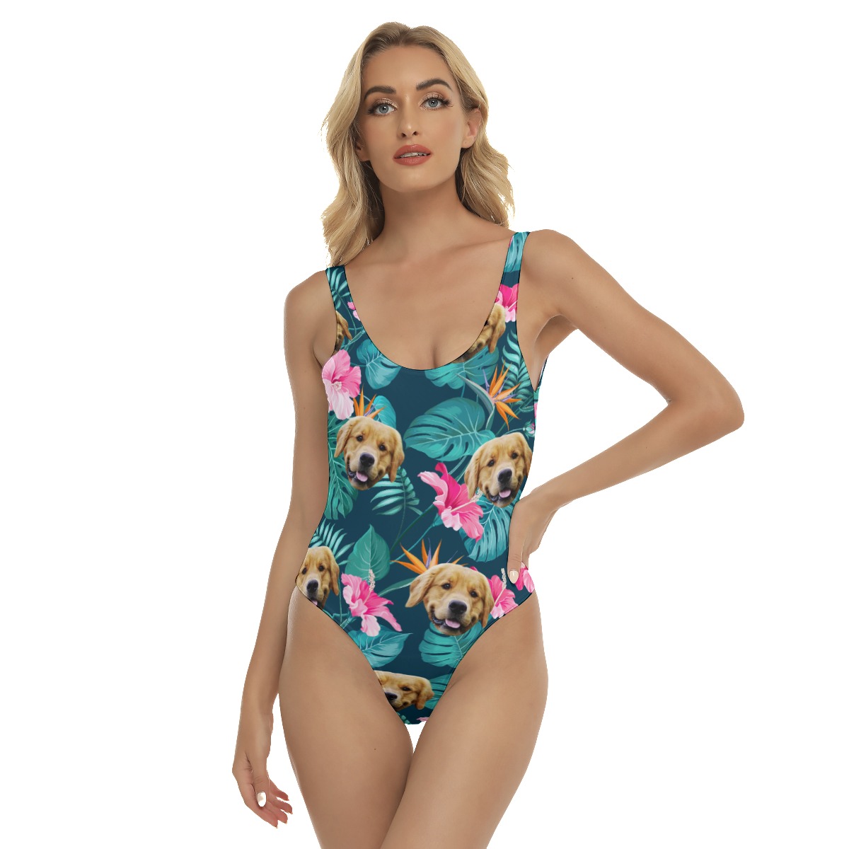 Funny Custom Dog Face Tropical Hibicus Hawaiian Swimsuit For Women - variant image 1