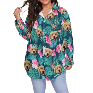 Tropical Hibicus Women's Hawaiian Plus Size Shirt With Custom Dog Face
