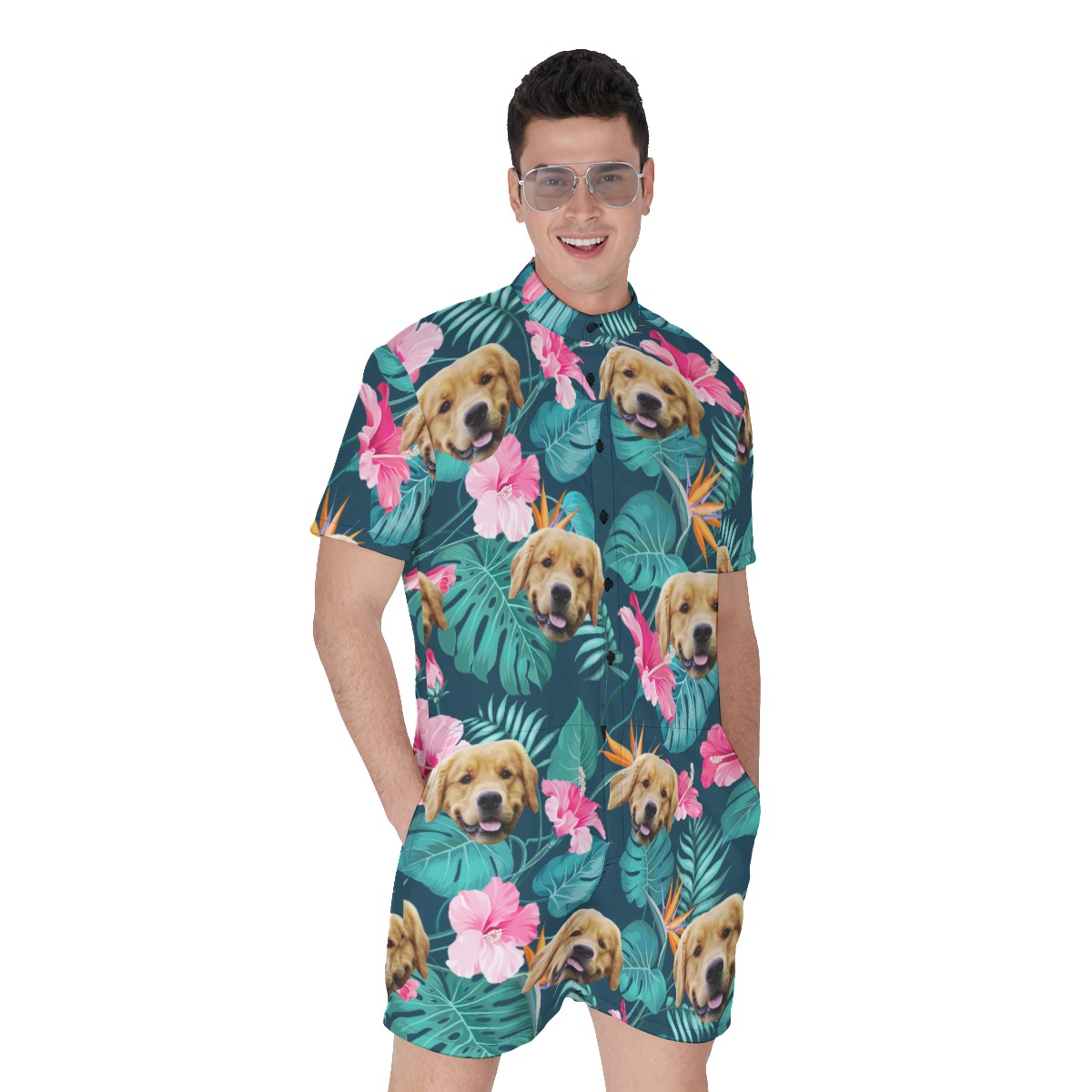 Funny Custom Dog Face Tropical Hibicus Hawaiian Romper - variant image 1