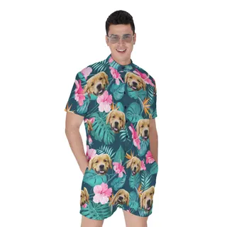 Funny Custom Dog Face Tropical Hibicus Hawaiian Romper
