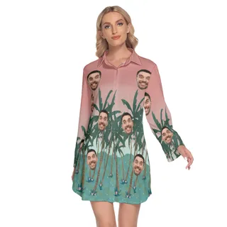 Pink Custom Face Women's Lapel Dress With Long Sleeve