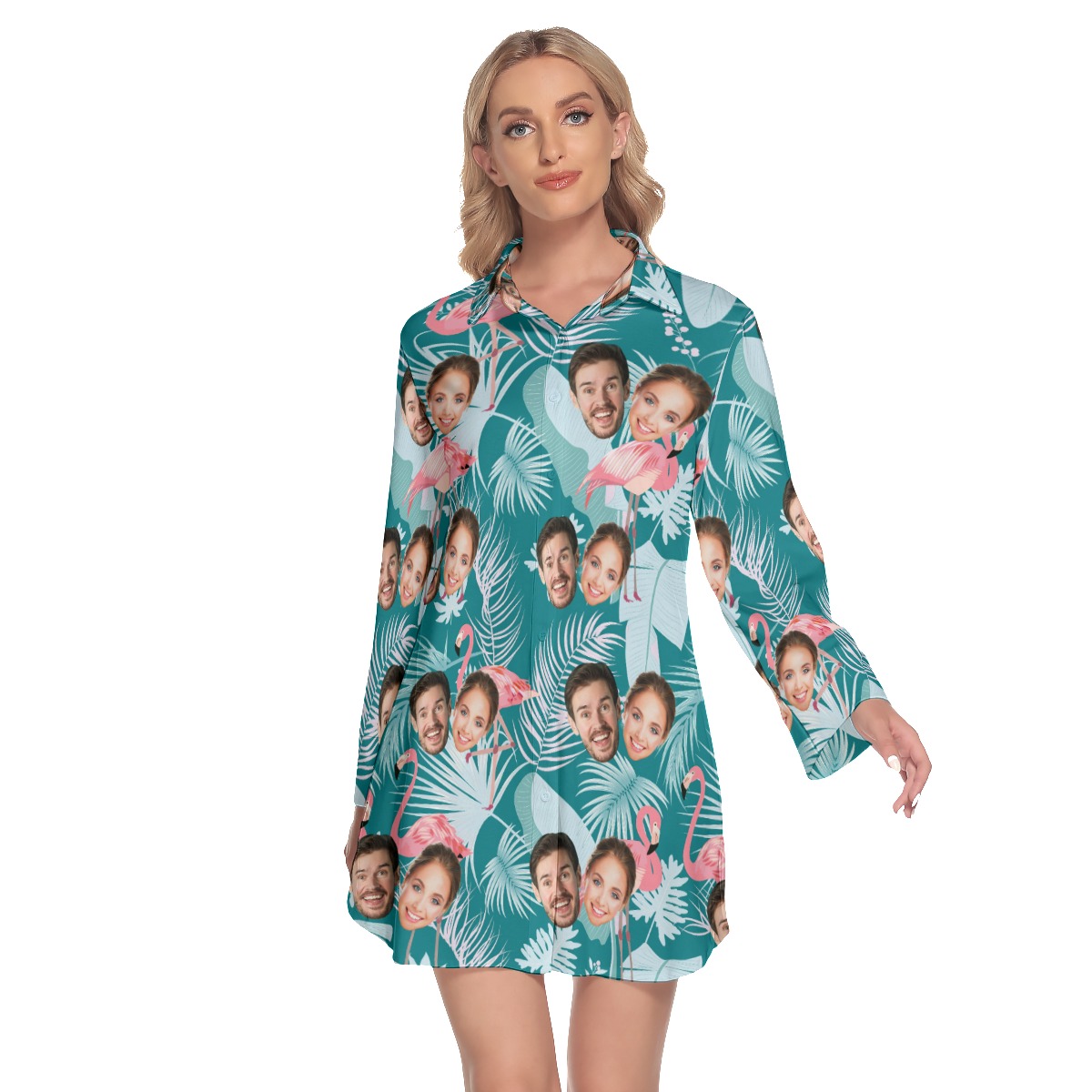 Vintage Custom 2 Faces Lapel Long Sleeve Hawaiian Dress - variant image 1