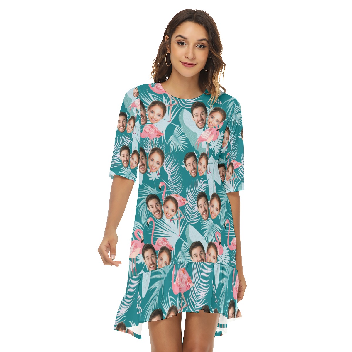 Vintage Custom 2 Faces Flamingo Hawaiian Dress With Ruffle Hem - variant image 1