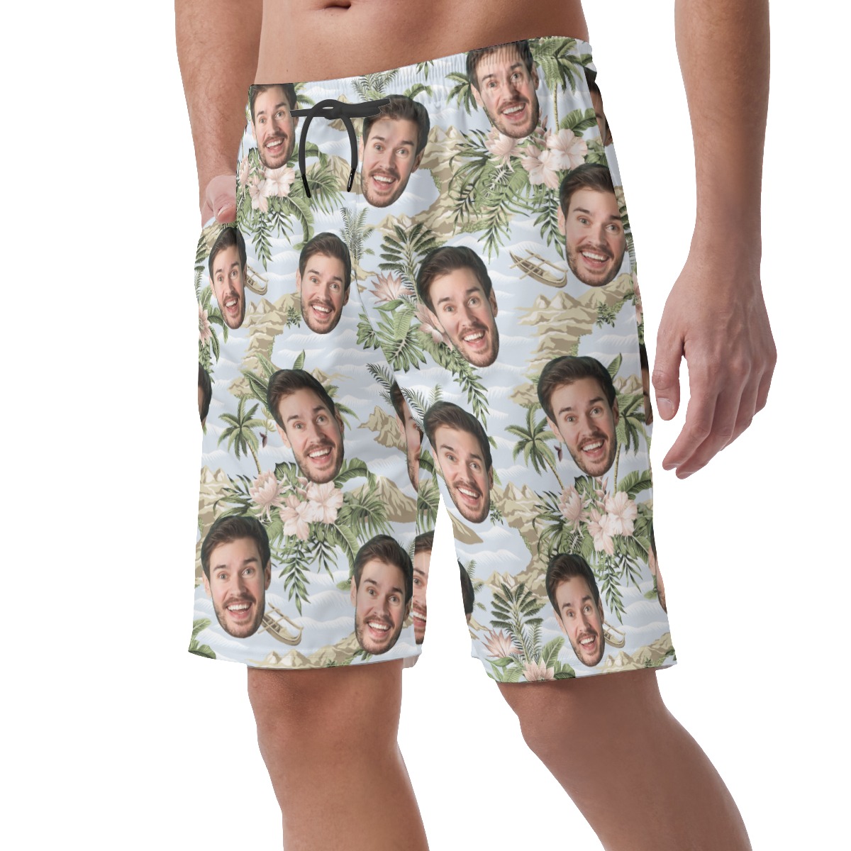 Funny Custom Face Botanical Island Hawaiian Beach Shorts For Men