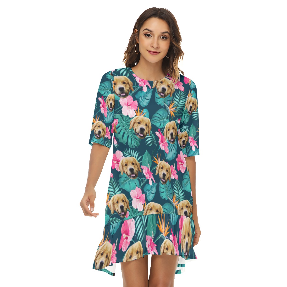 Funny Custom Dog Face Hibicus Hawaiian Half Sleeve Dress With Ruffle Hem