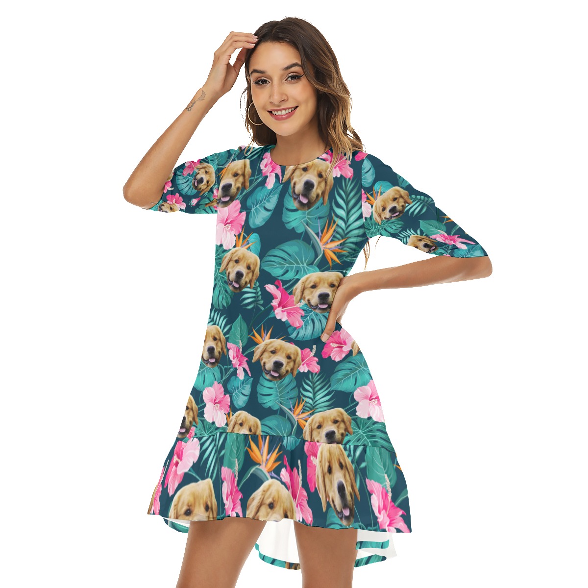 Funny Custom Dog Face Hibicus Hawaiian Half Sleeve Dress With Ruffle Hem