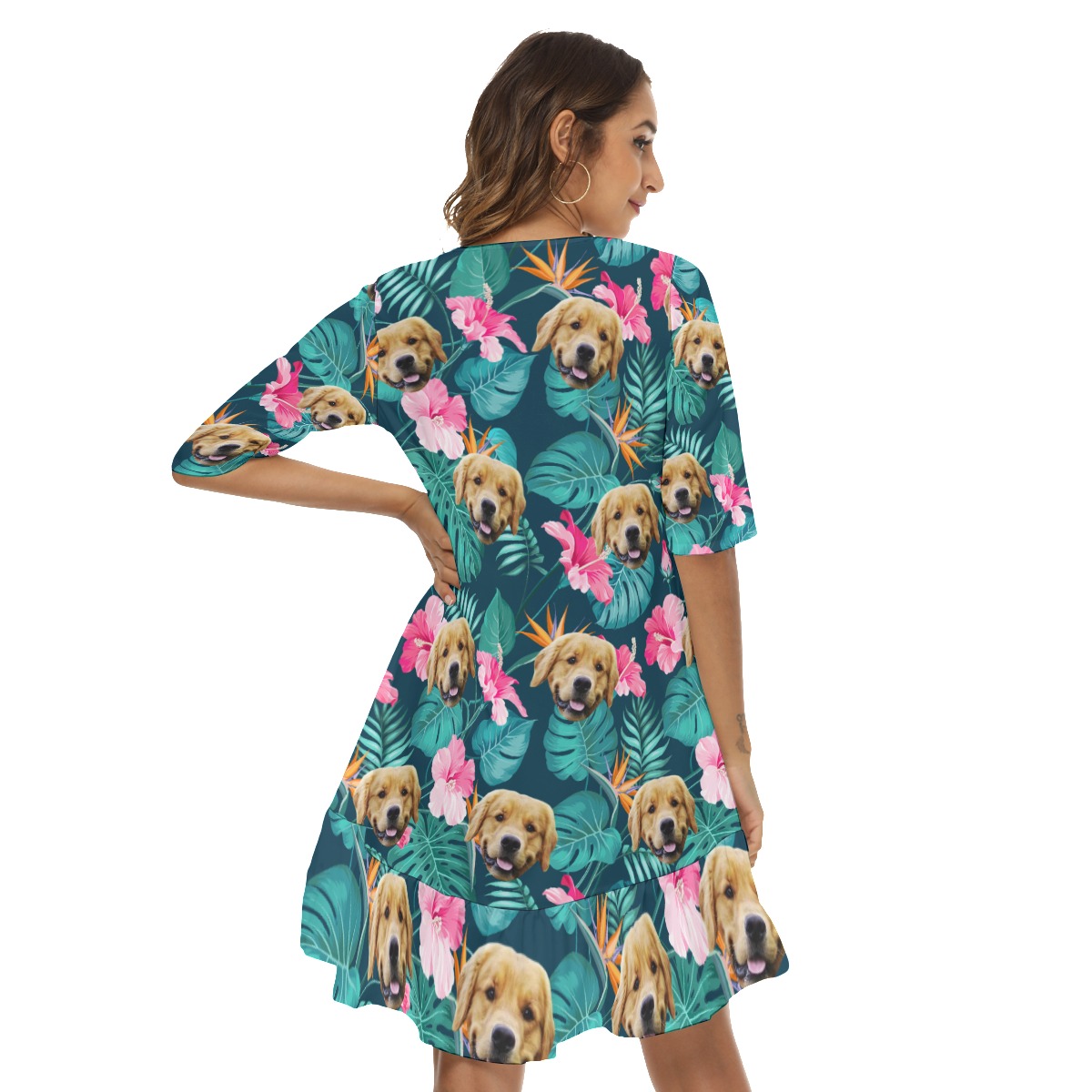 Funny Custom Dog Face Hibicus Hawaiian Half Sleeve Dress With Ruffle Hem