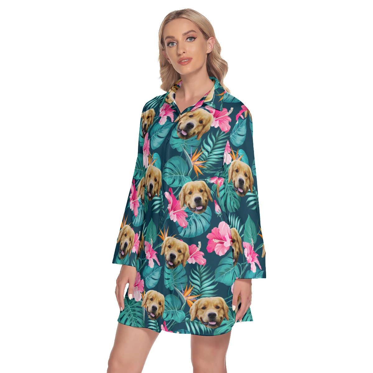 Custom Dog Face Hibicus Hawaiian Shirt Dress For Women