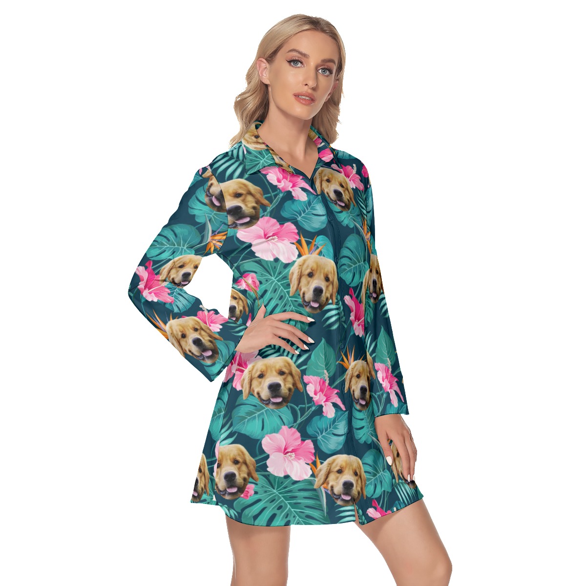 Custom Dog Face Hibicus Hawaiian Shirt Dress For Women