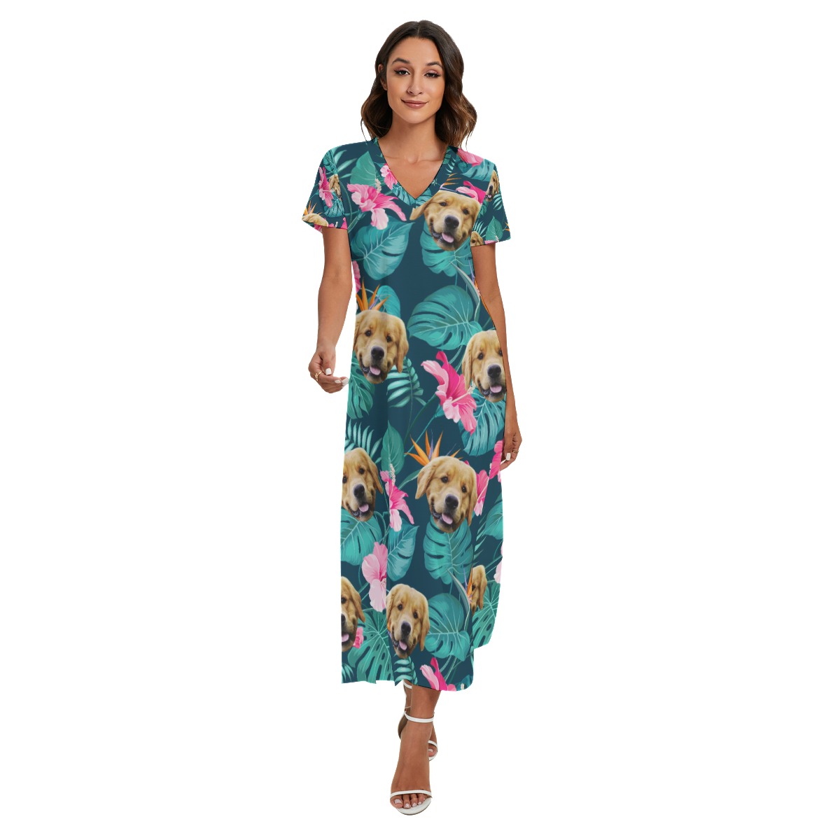 Funny Custom Dog Face Floral Hawaiian V-neck Dress With Side Slit