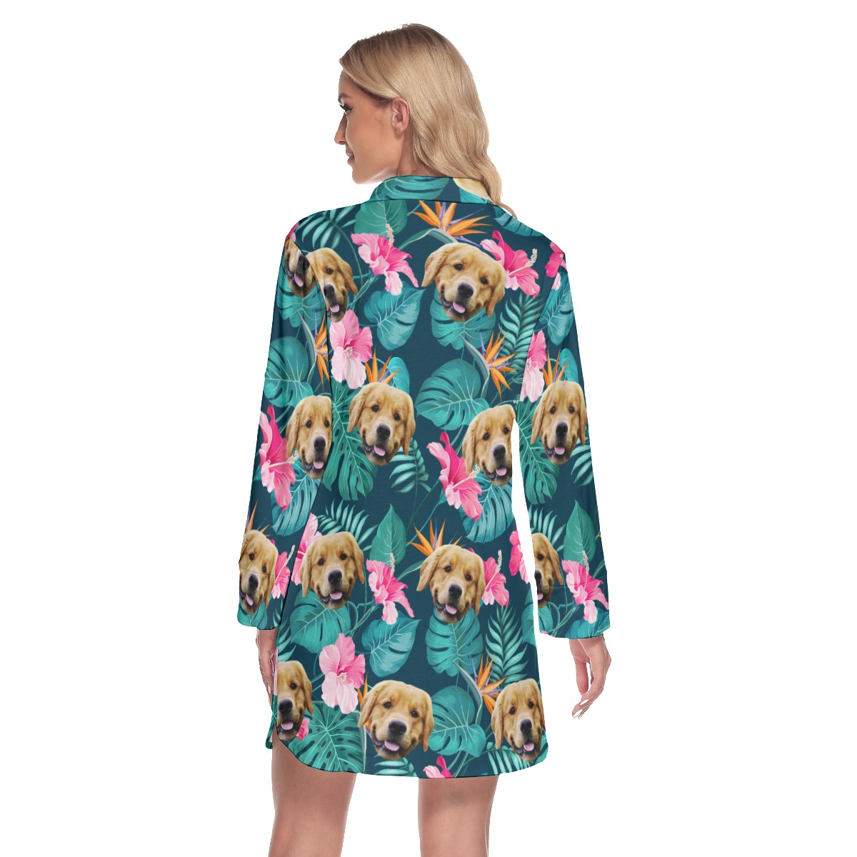 Custom Dog Face Hibicus Hawaiian Shirt Dress For Women