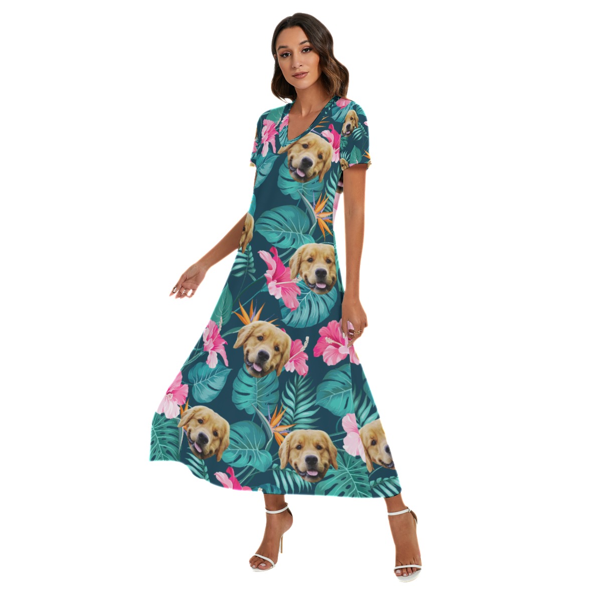 Funny Custom Dog Face Floral Hawaiian V-neck Dress With Side Slit