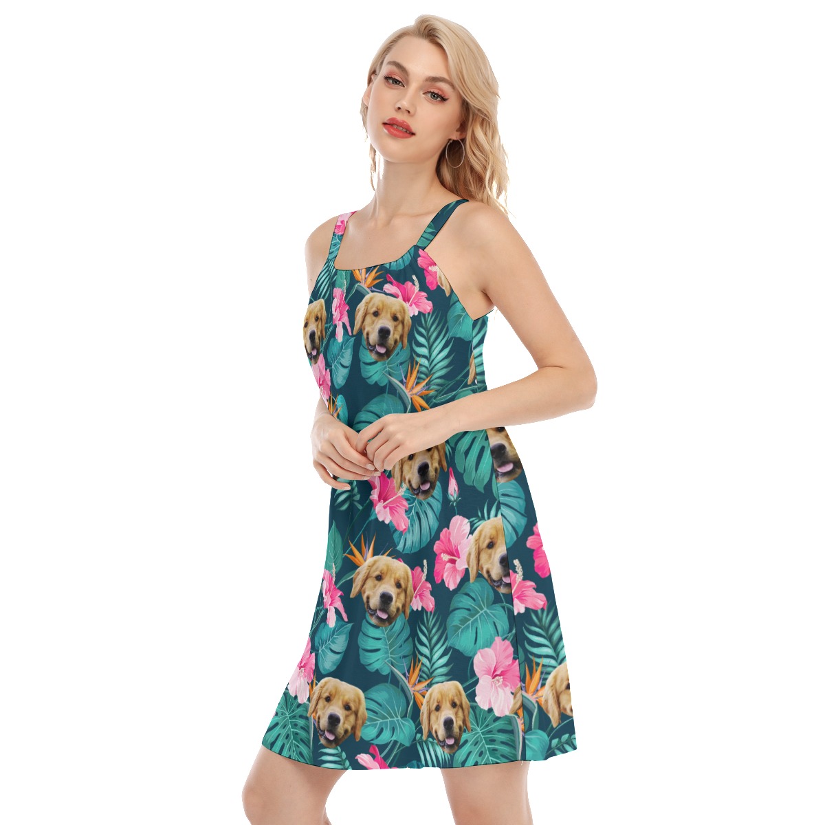 Funny Custom Dog Face Hibicus Hawaiian Dress For Girls