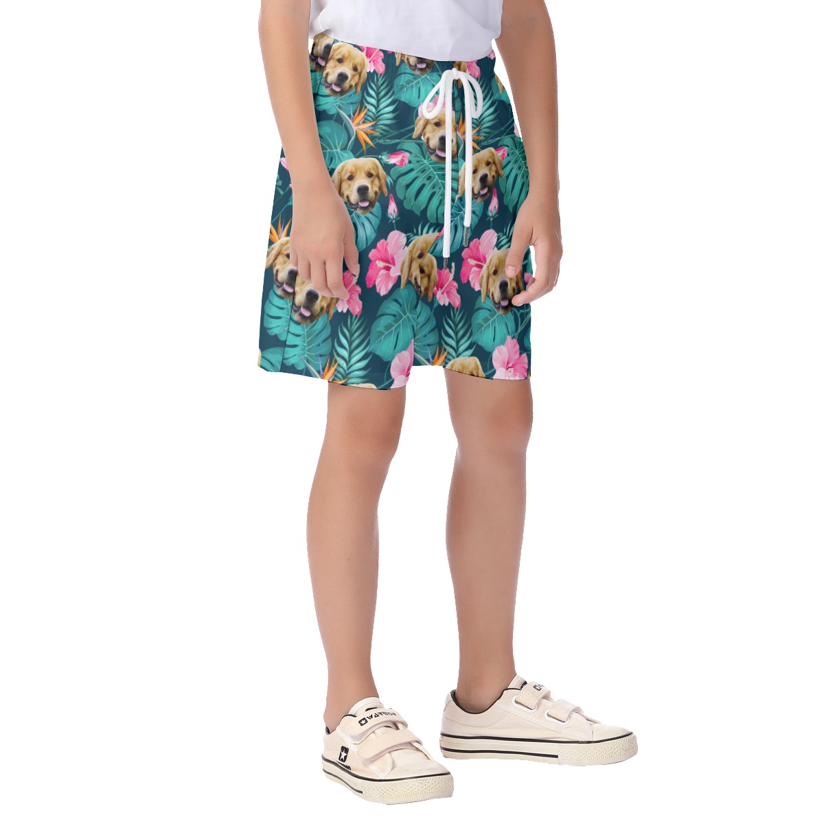 Funny Custom Dog Face Floral Hawaiian Beach Shorts For Kids