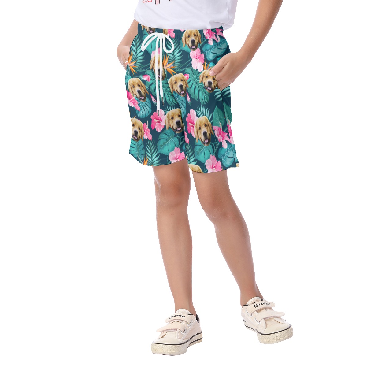 Funny Custom Dog Face Floral Hawaiian Beach Shorts For Kids