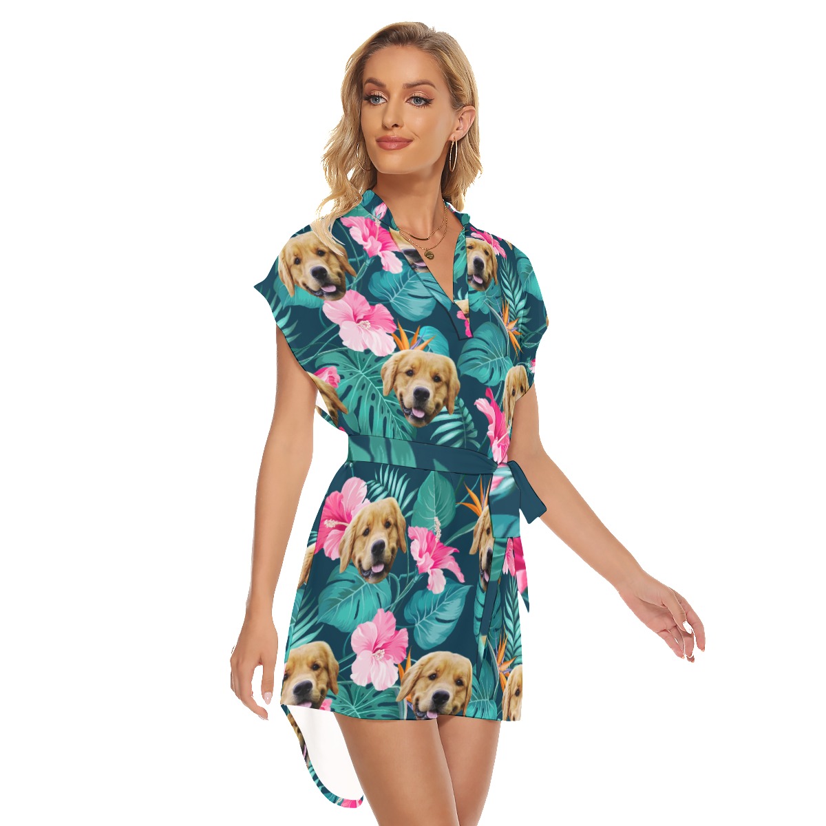 Funny Custom Dog Face Hibicus Hawaiian Dress With Belt