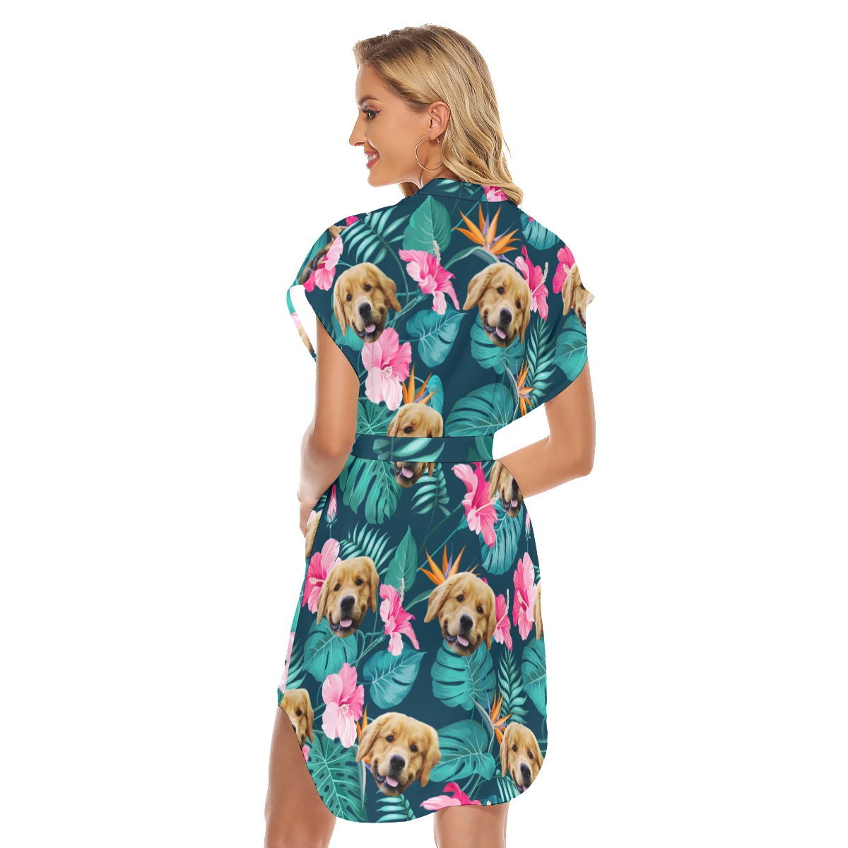 Funny Custom Dog Face Hibicus Hawaiian Dress With Belt