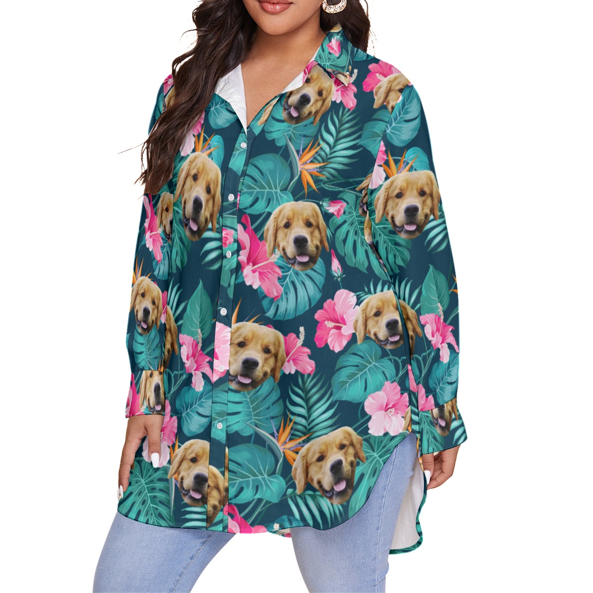 Tropical Hibicus Women's Hawaiian Plus Size Shirt With Custom Dog Face
