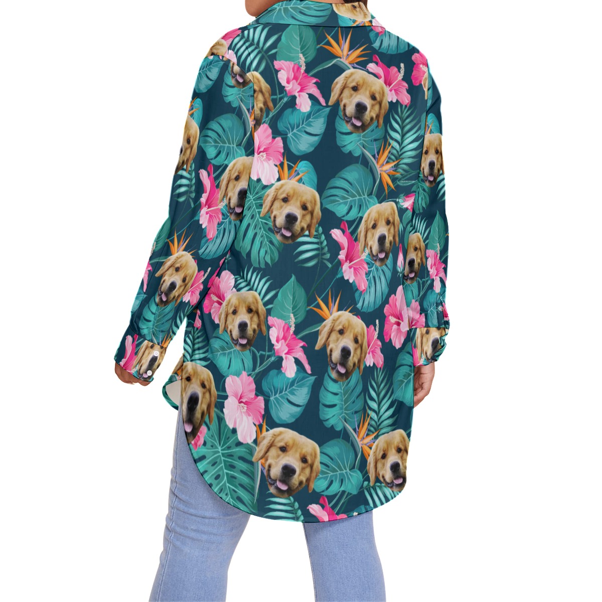 Tropical Hibicus Women's Hawaiian Plus Size Shirt With Custom Dog Face