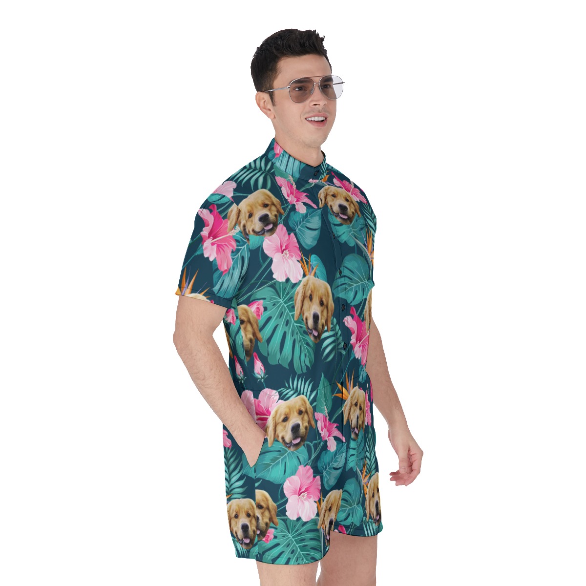 Funny Custom Dog Face Tropical Hibicus Hawaiian Romper