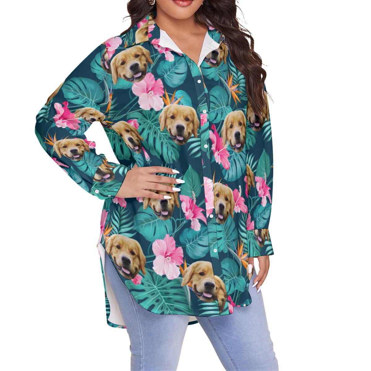 Tropical Hibicus Women's Hawaiian Plus Size Shirt With Custom Dog Face