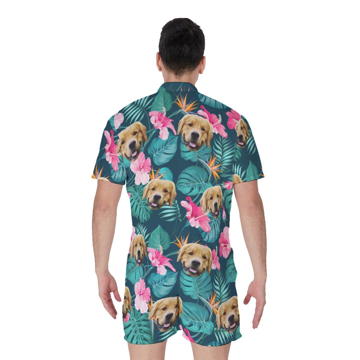 Funny Custom Dog Face Tropical Hibicus Hawaiian Romper