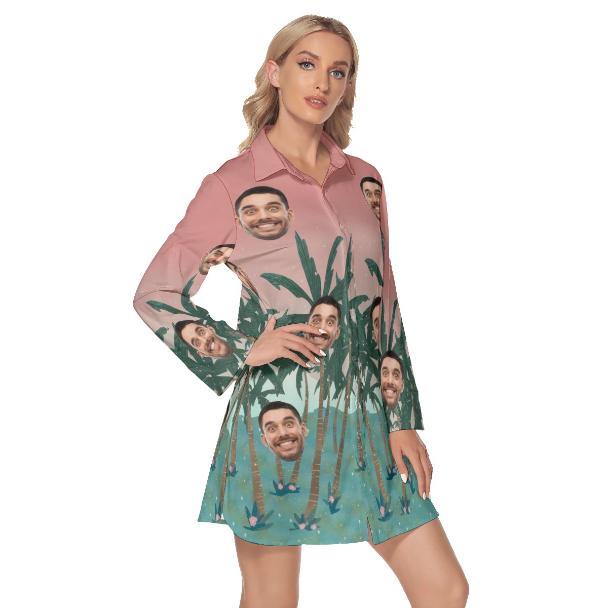Pink Custom Face Women's Lapel Dress With Long Sleeve
