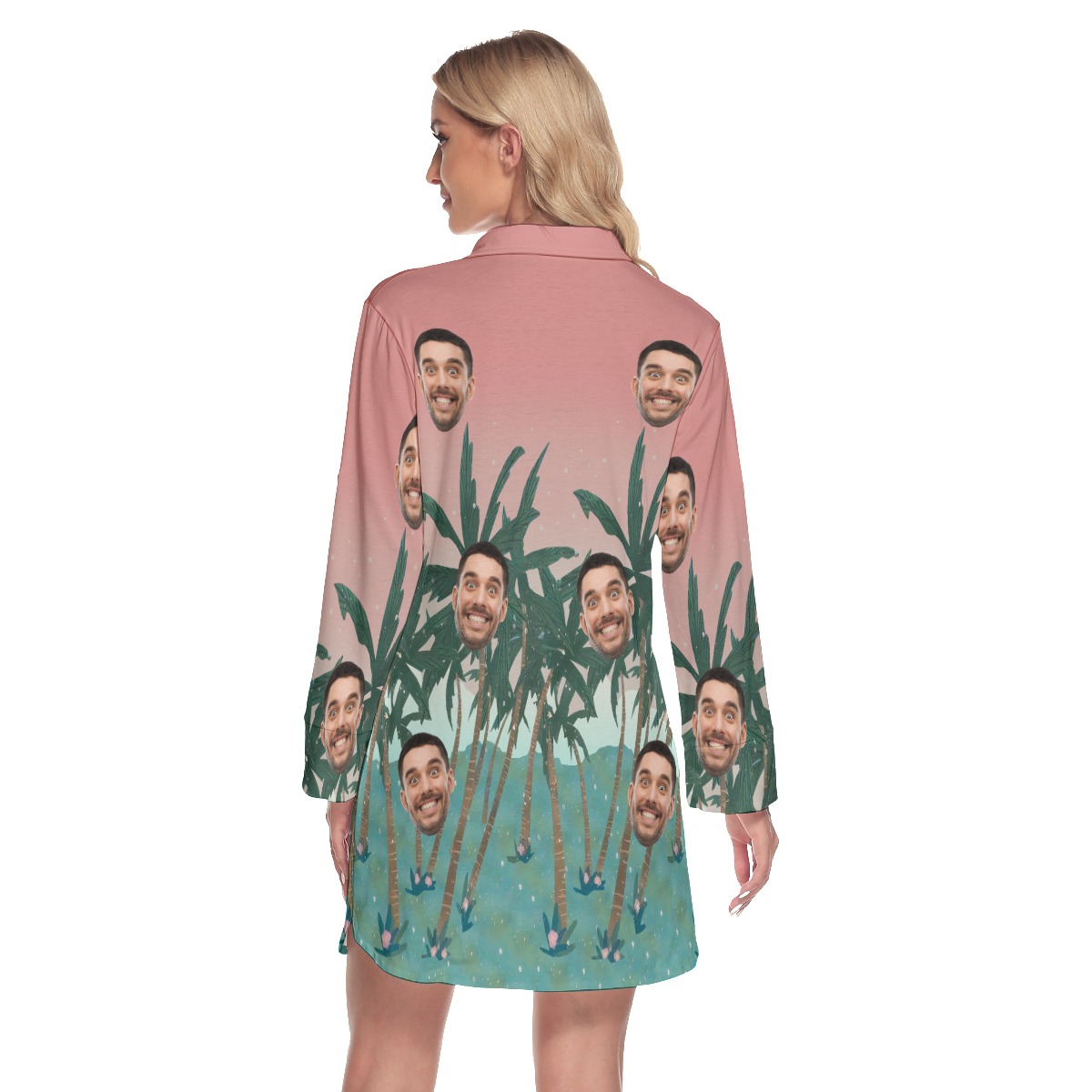Pink Custom Face Women's Lapel Dress With Long Sleeve