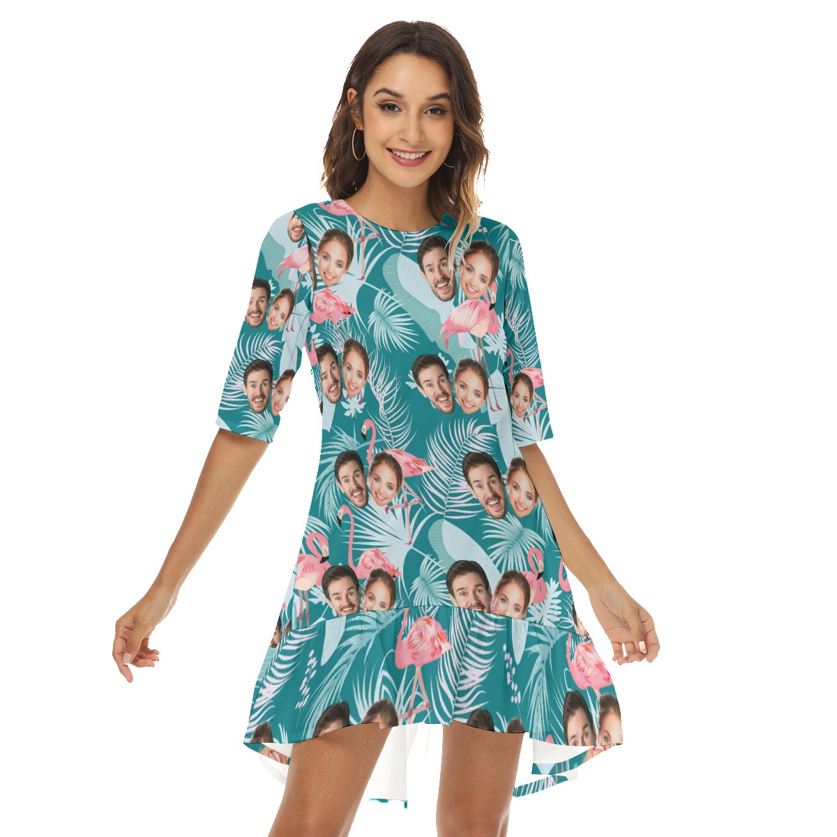 Vintage Custom 2 Faces Flamingo Hawaiian Dress With Ruffle Hem