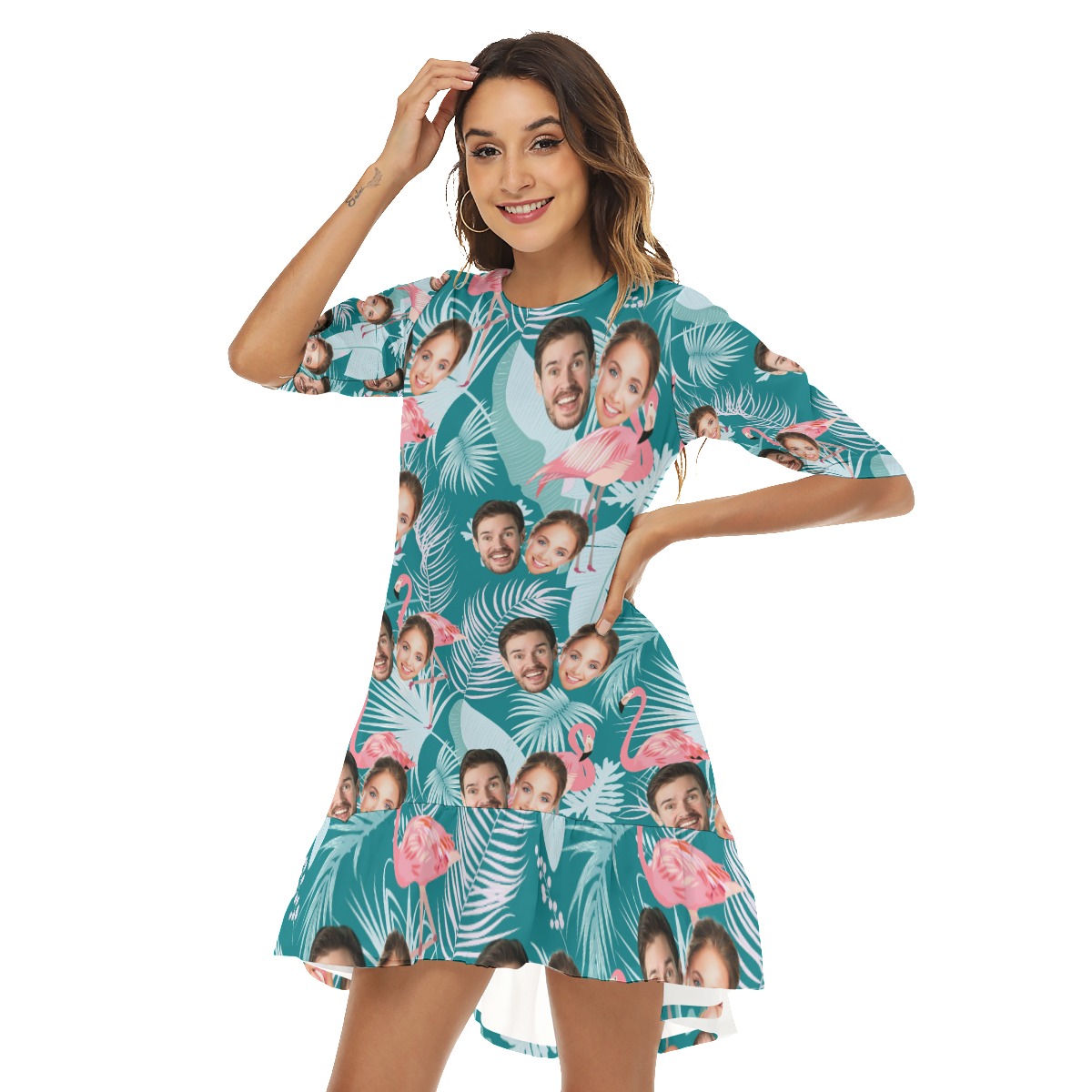 Vintage Custom 2 Faces Flamingo Hawaiian Dress With Ruffle Hem