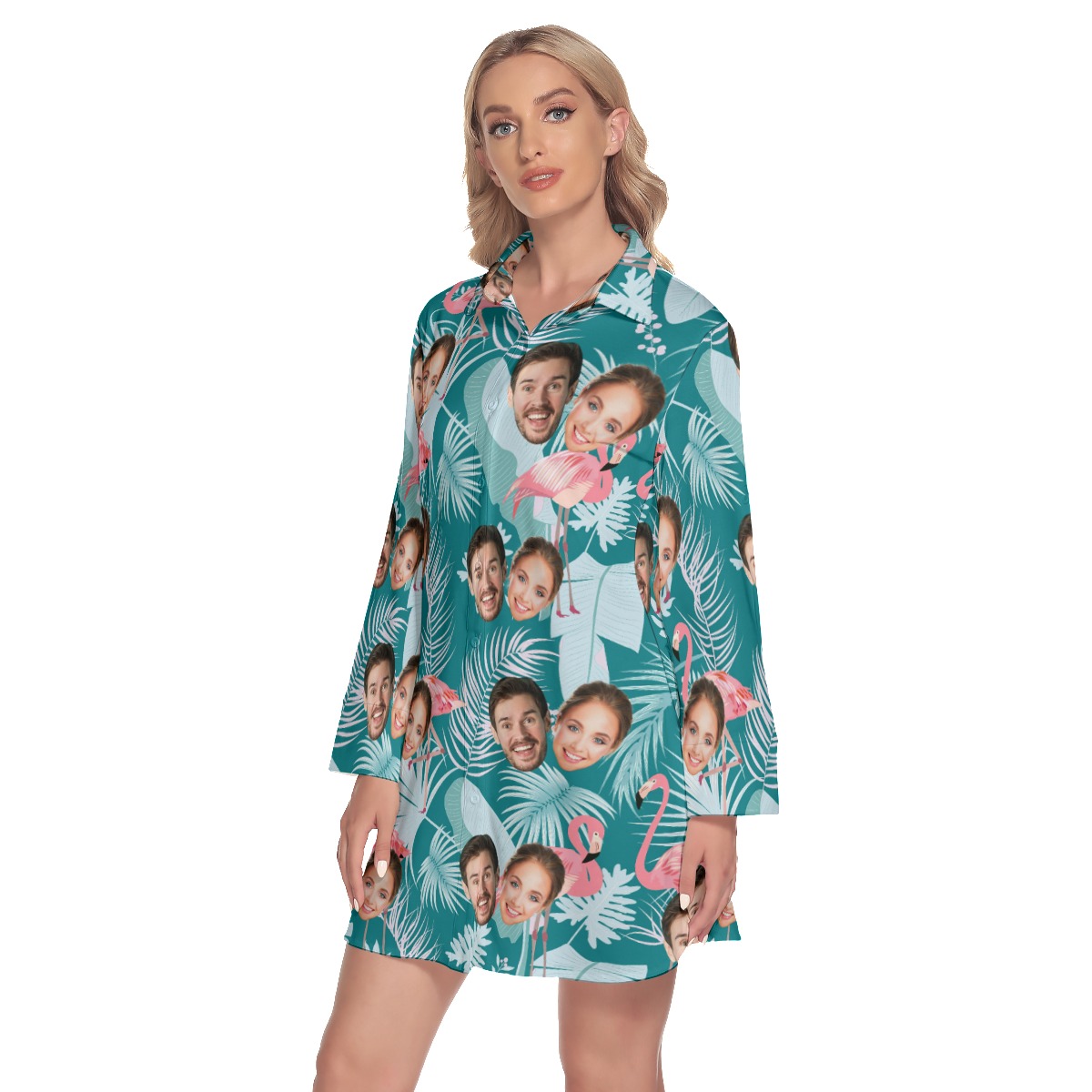 Vintage Custom 2 Faces Lapel Long Sleeve Hawaiian Dress