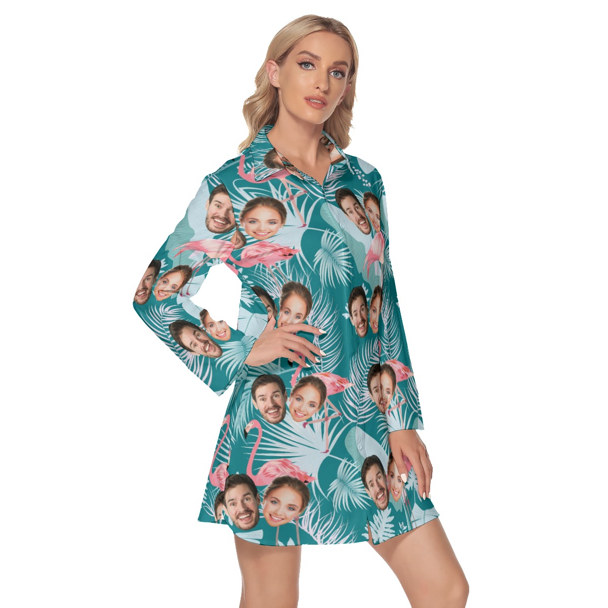 Vintage Custom 2 Faces Lapel Long Sleeve Hawaiian Dress