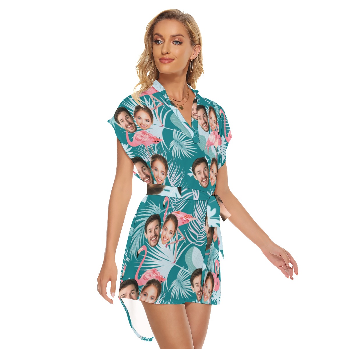 Vintage Custom 2 Faces Flamingo Hawaiian Dress With Belt
