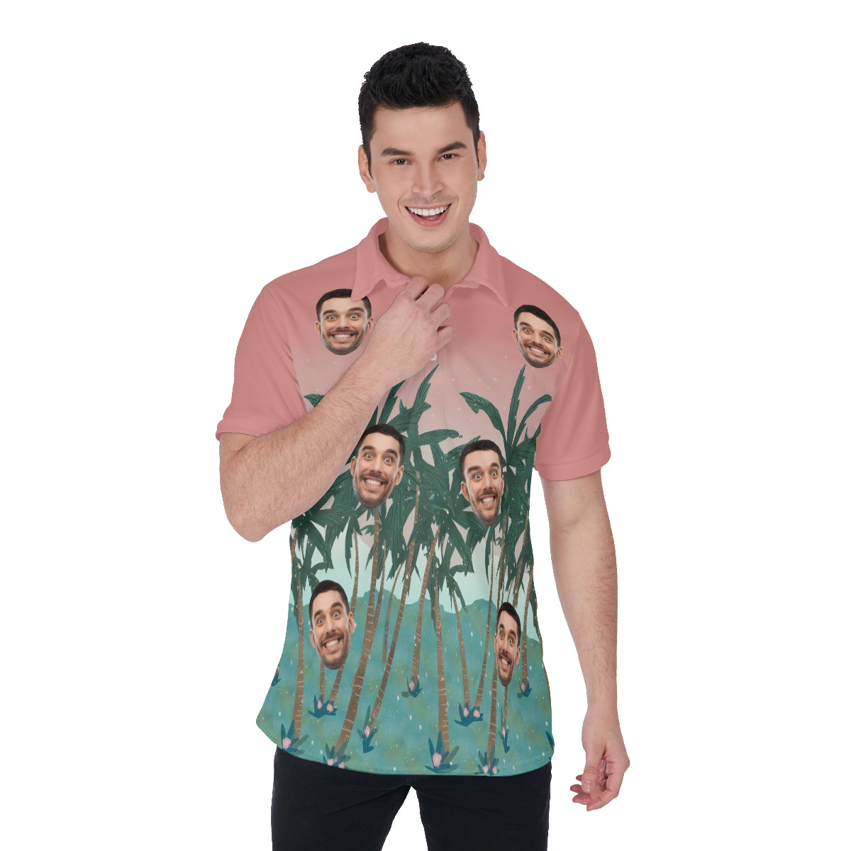Pink Men's Hawaiian Polo Shirt With Custom Face - variant image 1