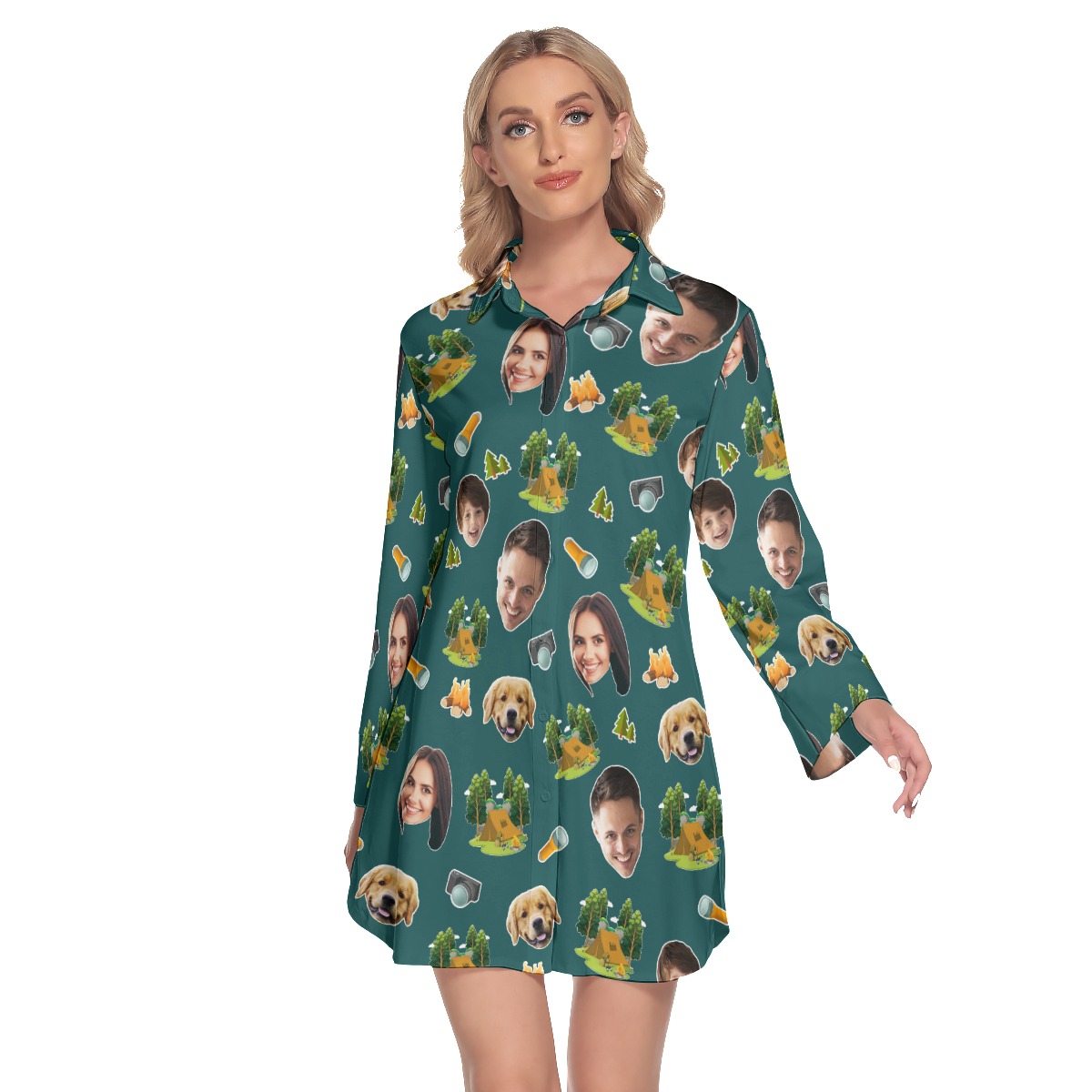 Custom Face Family Camping Hawaiian Shirt Dress With Long Sleeve For Women - variant image 1