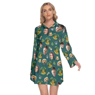 Custom Face Family Camping Hawaiian Shirt Dress With Long Sleeve For Women