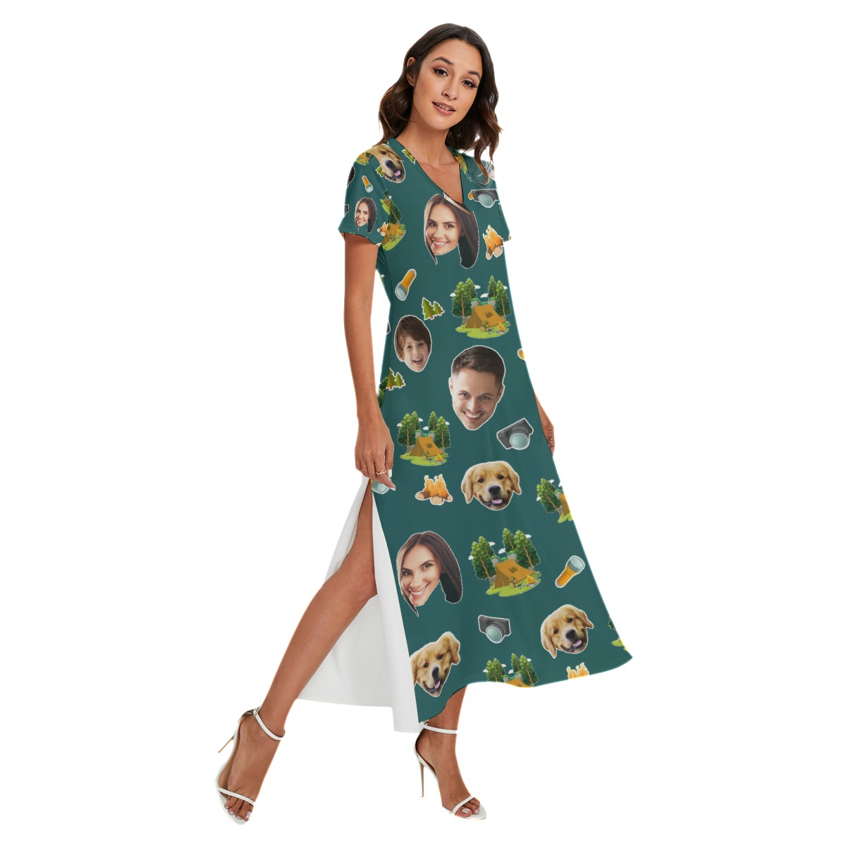 Funny Camping Custom Face Hawaiian V-neck Dress With Side Slit - variant image 1
